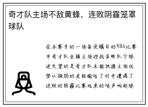 奇才队主场不敌黄蜂，连败阴霾笼罩球队
