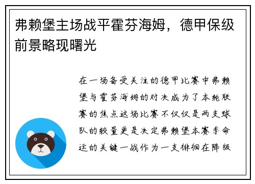 弗赖堡主场战平霍芬海姆，德甲保级前景略现曙光