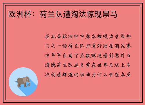 欧洲杯：荷兰队遭淘汰惊现黑马
