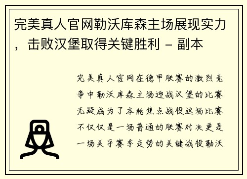 完美真人官网勒沃库森主场展现实力，击败汉堡取得关键胜利 - 副本