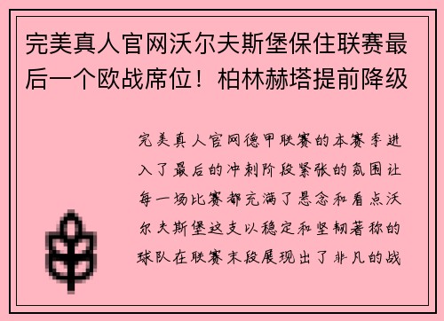 完美真人官网沃尔夫斯堡保住联赛最后一个欧战席位！柏林赫塔提前降级命运未卜