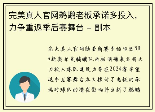 完美真人官网鹈鹕老板承诺多投入，力争重返季后赛舞台 - 副本