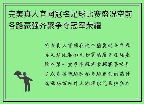 完美真人官网冠名足球比赛盛况空前各路豪强齐聚争夺冠军荣耀