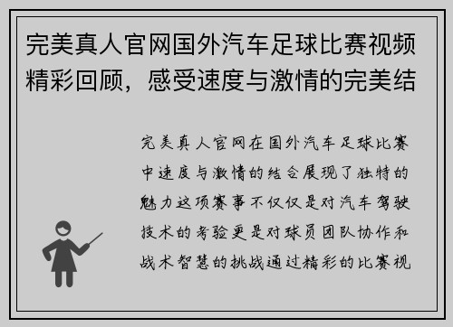 完美真人官网国外汽车足球比赛视频精彩回顾，感受速度与激情的完美结合