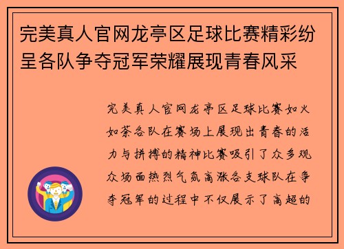 完美真人官网龙亭区足球比赛精彩纷呈各队争夺冠军荣耀展现青春风采