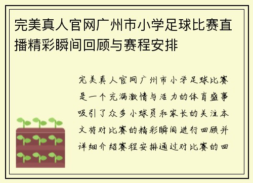 完美真人官网广州市小学足球比赛直播精彩瞬间回顾与赛程安排
