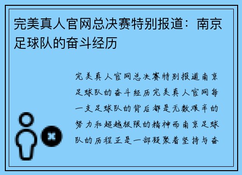 完美真人官网总决赛特别报道：南京足球队的奋斗经历