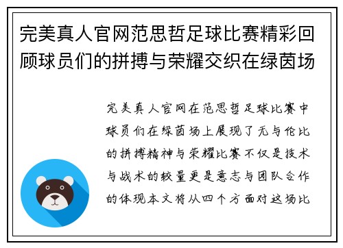完美真人官网范思哲足球比赛精彩回顾球员们的拼搏与荣耀交织在绿茵场上