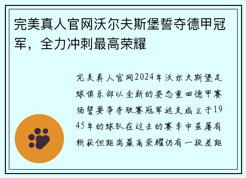 完美真人官网沃尔夫斯堡誓夺德甲冠军，全力冲刺最高荣耀
