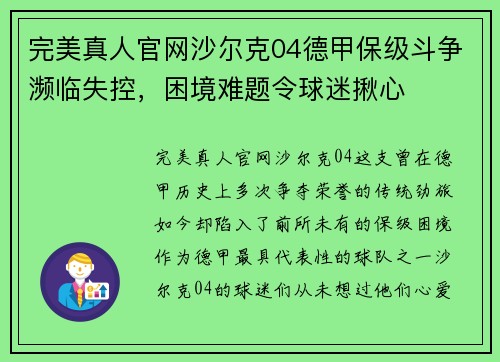 完美真人官网沙尔克04德甲保级斗争濒临失控，困境难题令球迷揪心