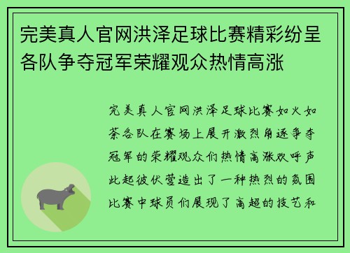 完美真人官网洪泽足球比赛精彩纷呈各队争夺冠军荣耀观众热情高涨