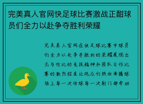 完美真人官网快足球比赛激战正酣球员们全力以赴争夺胜利荣耀